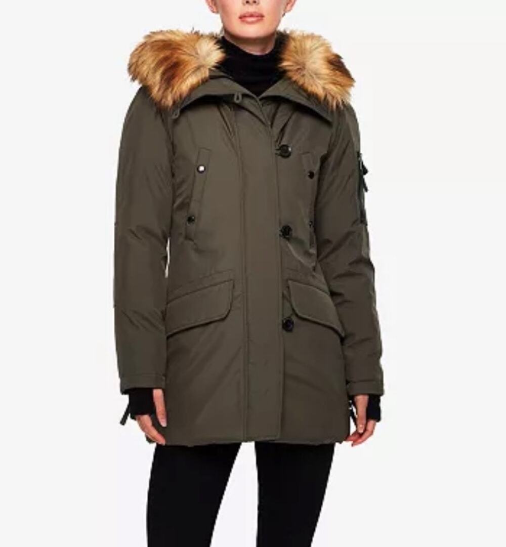 S13 NYC Eskimo Faux-Fur-Trim Hooded Puffer Parka Jacket Olive Green Sz XS